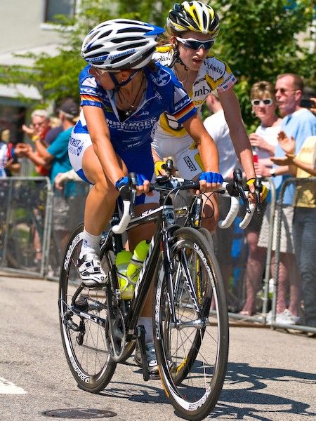 Trixi Worrack (Equipe Nurnberger) attempts to distance herself from the rest of the field on the Manayunk Wall. Unfortunately, Mara Abbott had it covered.