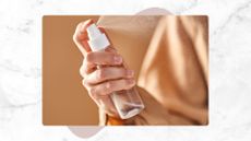 a woman's hand misting a setting spray in a silk shirt on a beige background