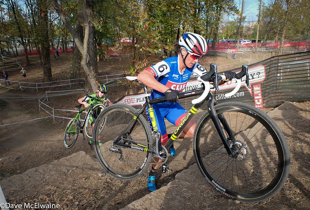 Katerina Nash (Cliff Bar Pro Team) chasing Compton on the limestone stairs
