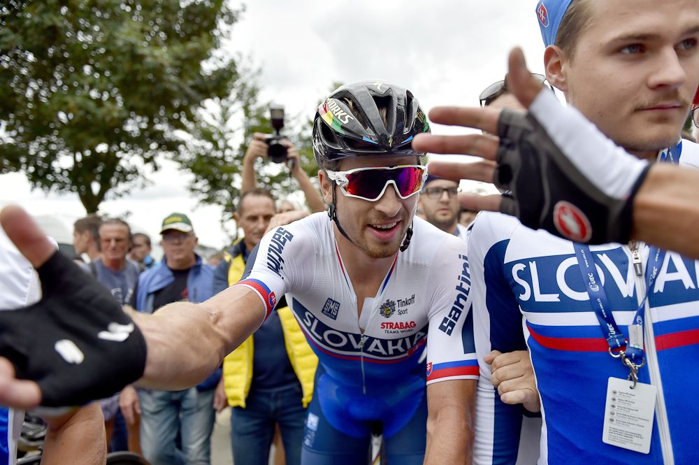 Peter Sagan celebrates his win at the European championship road race.