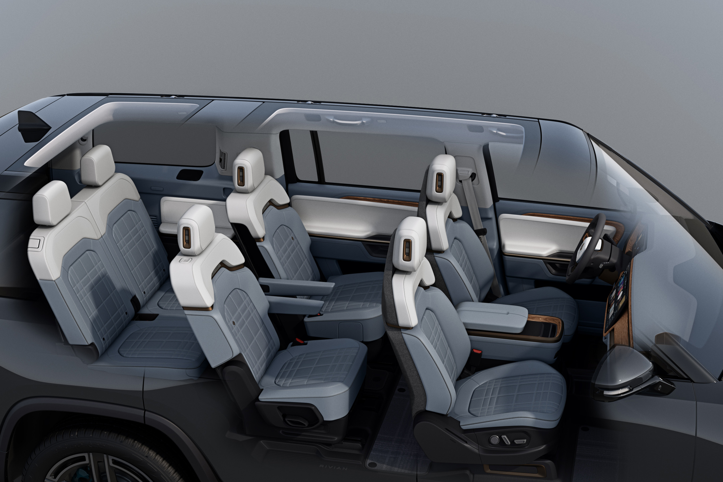A render of the new six-seater layout in the Rivian R1S