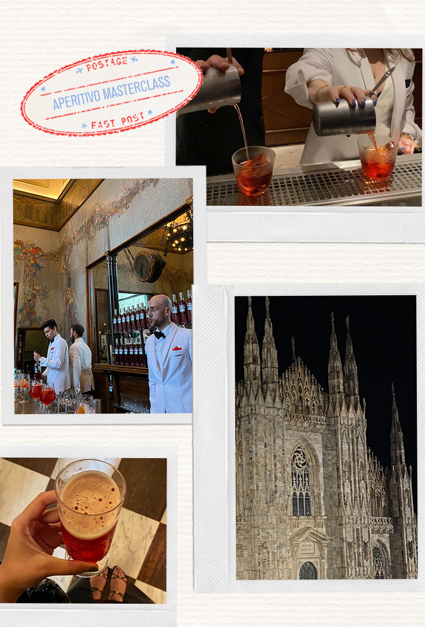 a collage of images depicting the famous aperitivo bar in Milan Camparino in Galleria including the bar, a cocktail-making class, a glass of Campari, and the Duomo at night