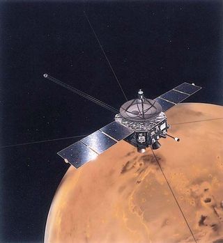 A spacecraft with solar panels and many antennas over Mars
