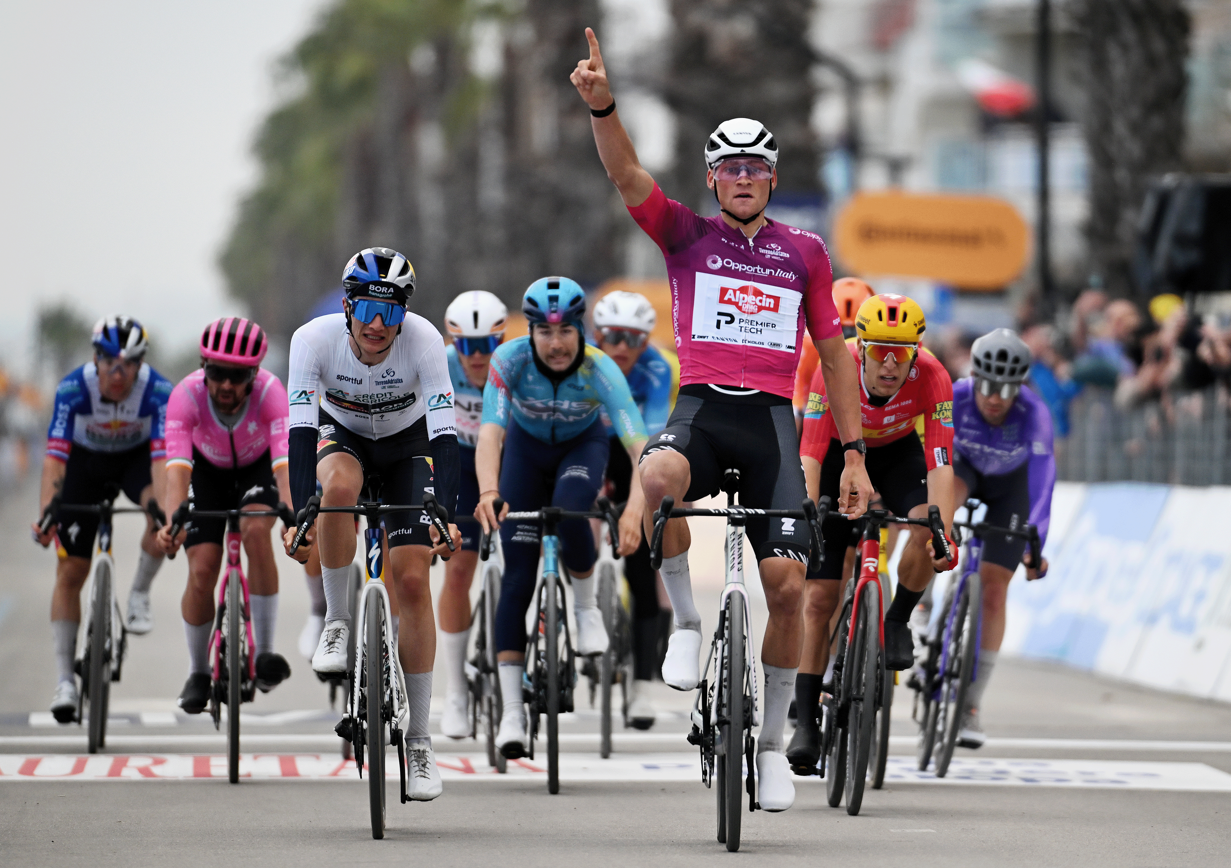 MARTINSICURO, ITALY - MARCH 12: Mathieu van der Poel of Netherlands and Team Alpecin-Premier Tech - Purple Sprint Jersey celebrates at finish line as stage winner ahead of Giulio Pellizzari of Italy and Team Red Bull - BORA - hansgrohe - White best young jersey and Tobias Halland Johannessen of Norway and Team Uno-X Mobility during the 61st Tirreno-Adriatico 2026, Stage 4 a 213km stage from Tagliacozzo to Martinsicuro / #UCIWT / on March 12, 2026 in Martinsicuro, Italy. (Photo by Tim de Waele/Getty Images)