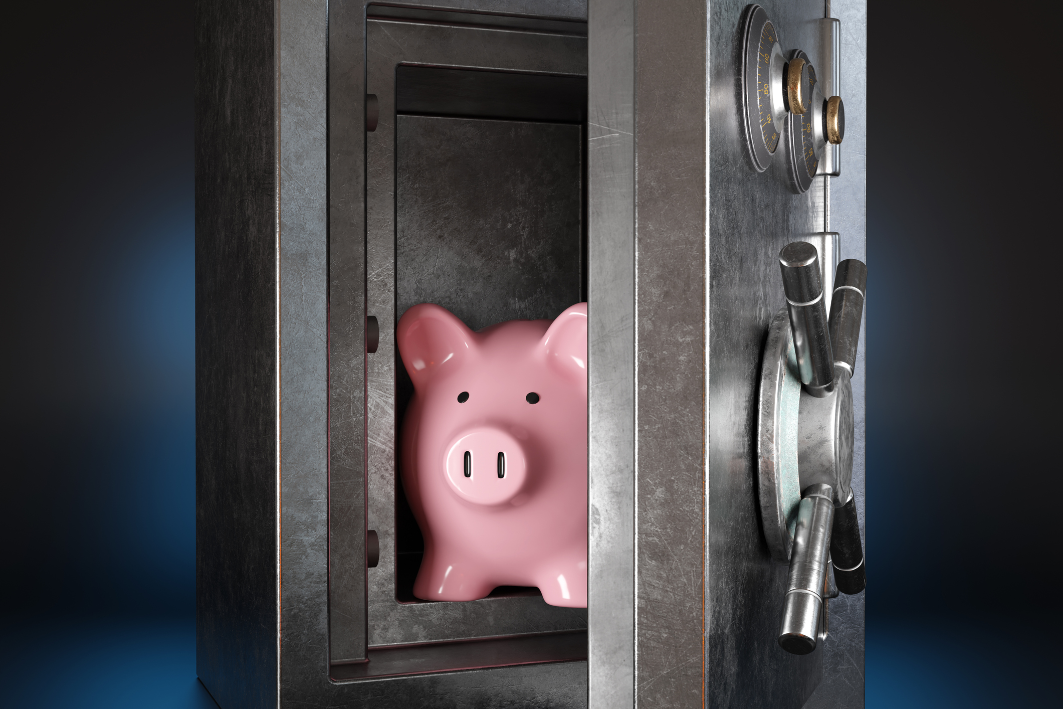 Pink piggy bank in a silver metallic vault safe having a handle wheel on dark background. Illustration of the concept of protection for savings account and financial security
