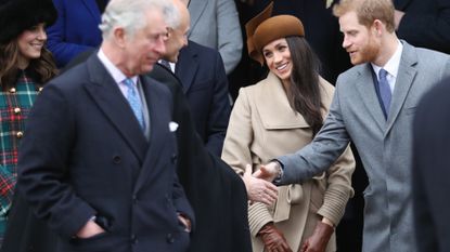 Prince Charles; Prince of Wales Catherine, Duchess of Cambridge, Meghan Markle and Prince Harry attend Christmas Day Church service at Church of St Mary Magdalene on December 25, 2017 in King's Lynn, England.