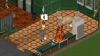 The Sims - a sim stands in a kitchen next to a stove that's on fire, panicking