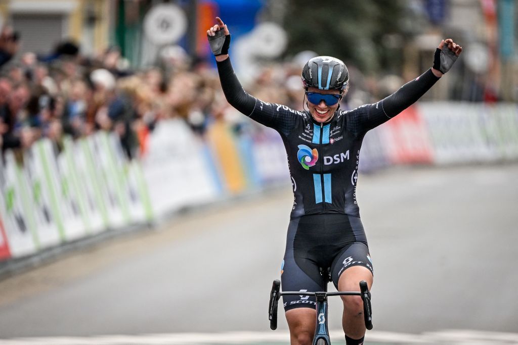 Team DSMs British rider Pfeiffer Georgi celebrates after crossing the finish line during the womens elite race of the Classic BruggeDe Panne oneday cycling race 1595 km from Brugge to De Panne on March 23 2023 Photo by ERIC LALMAND Belga AFP Belgium OUT Photo by ERIC LALMANDBelgaAFP via Getty Images