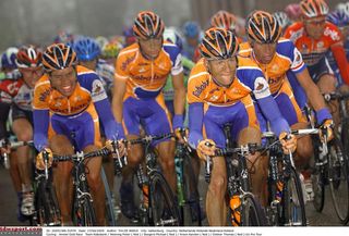 Team Rabobank sets the pace for Michael Boogerd, who placed second to Danilo di Luca (Liquigas-Bianchi) in 2005
