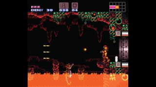 Samus stands above lava while exploring Norfair in Super Metroid