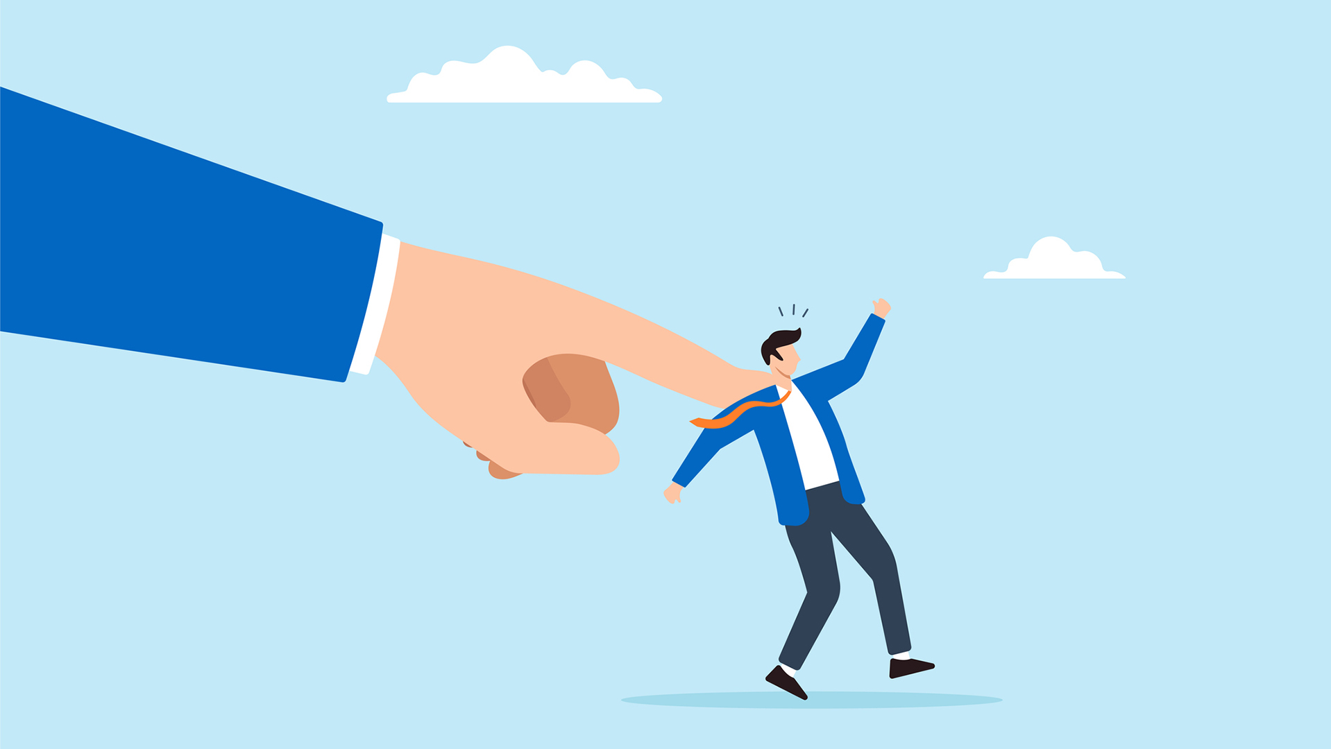 An illustration of a worker being prodded by a giant hand, representing a boss enforcing an AI mandate.