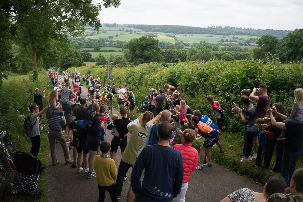The breakaway group approaches the top of the first QOM climb of the Aviva Women's Tour 2016 - Stage 5.