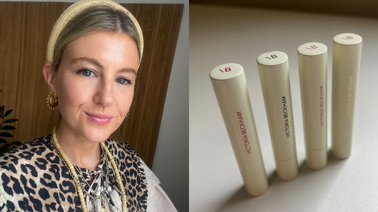 Katie Thomas wearing a Victoria Beckham Posh Balm and a line up of all four