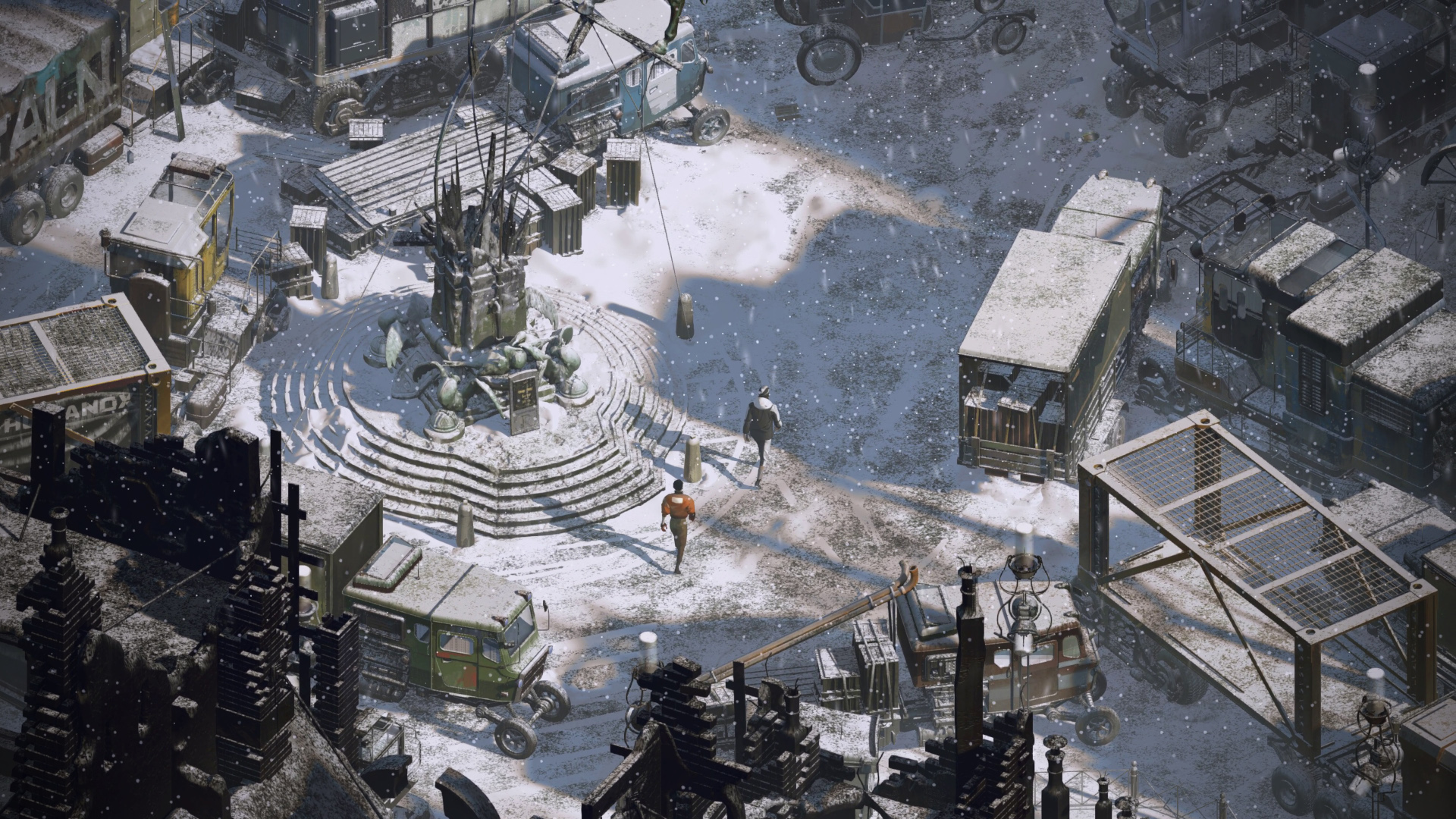 In Disco Elysium, detective Harrier Du Bois crosses a snow-covered street where dilapidated lorries rest in the rood