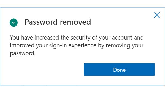 Screenshot of Microsoft message saying that password has been removed