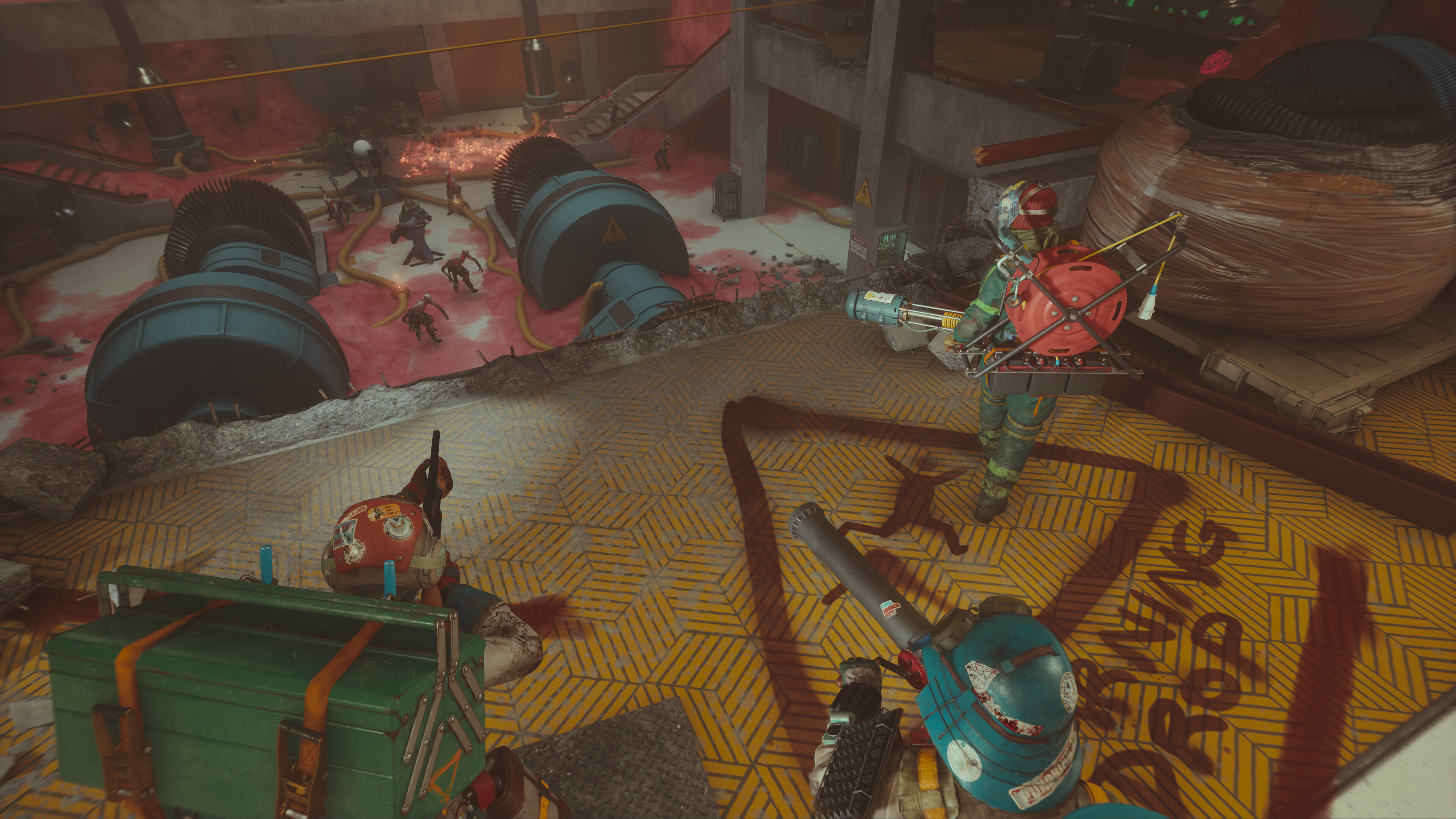Players look down an oncoming wave of Hiss in a generator room in FBC: Firebreak