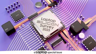 3D render of a computer processor surrounded by various computing components and circuitry on a purple background. The processor has 'Laptop Silicon Survey 2025' branding, a banner along the bottom of the image reads: 'a Laptop special issue.' - Image is a part of the Laptop Mag Silicon Survey 2025 special issue.