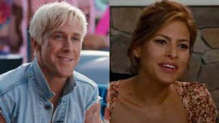 Ken (Ryan Gosling) speaks to Barbie in Barbie, and Sheila Ramos Gamble (Eva Mendes) entertains in The Other Guys