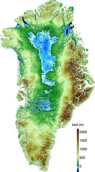 Topography of Greenland (blue is below sea level).
