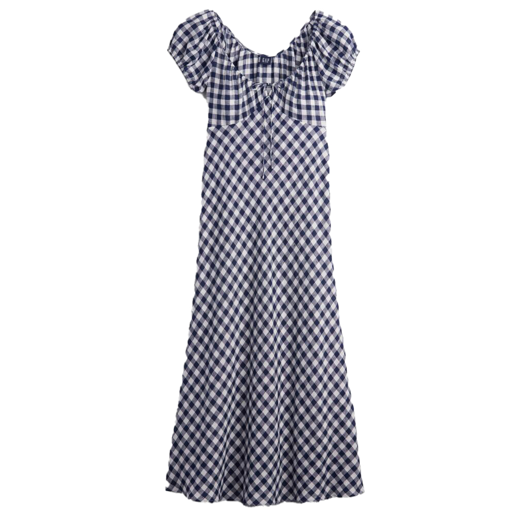 Cut out of a navy and white gingham midi dress