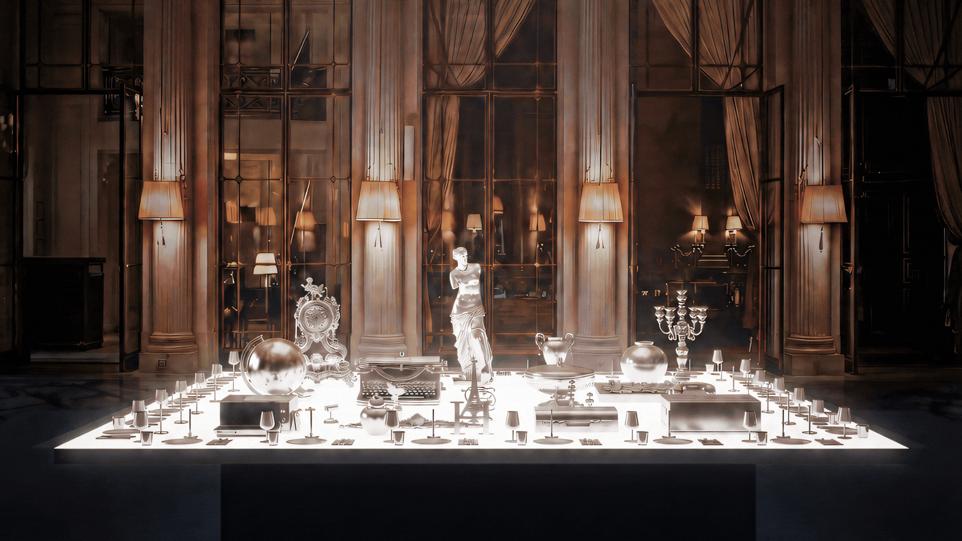 A rotating gif showcasing a back-lit art installation made of a series of silver objects styled on a lightbox in a historical palace, along with headshots of people and a surreal, brown-tinted shop.