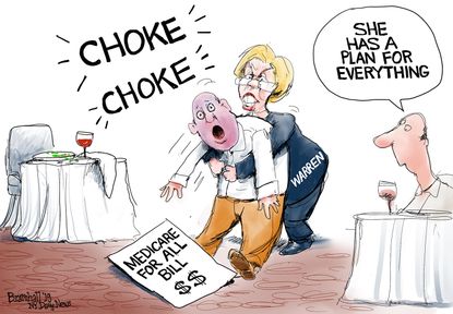 Political Cartoon U.S. Warren Choke On Medicare-For-All Bill