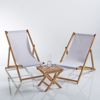 Set of 2 Acacia Deckchairs and Low Table