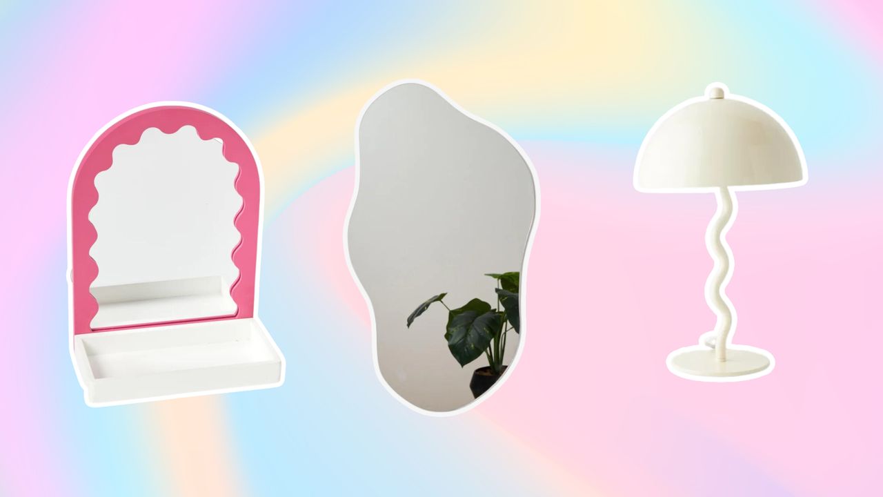 Pink mirror, wavy mirror, white lamp on pastel background