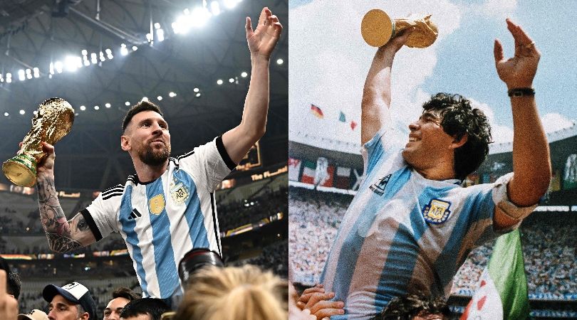 Combo image of Argentina captains Lionel Messi and Diego Maradona lifting the World Cup trophy, in 2022 and 1986 respectively.