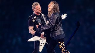 James Hetfield and Kirk Hammett of Metallica perform on stage at Johan Cruijff Arena on April 29, 2023 in Amsterdam, Netherlands