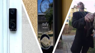 Split image of two video doorbells, and person recoded by video doorbell
