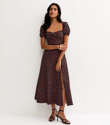 Black Ditsy Floral Sweetheart Neck Midi Dress