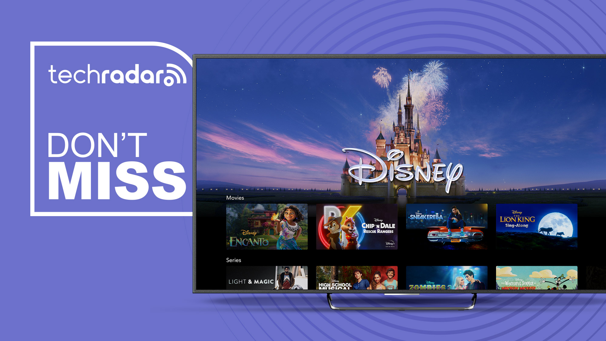 A TV showing the Disney+ homepage is cut out next to the words &#039;don&#039;t miss&#039; 