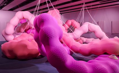 Installation view of pink sculpture at ‘When Forms Come Alive: Sixty Years of Restless Sculpture’ at Hayward Gallery, London,