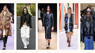 runway models wearing leather from Miu Miu, Prada, Givenchy, Louis Vuitton, Burberry