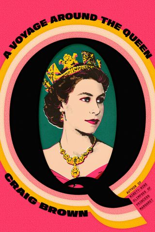 q a voyage around the queen book cover featuring queen elizabeth in the cent of the letter q 