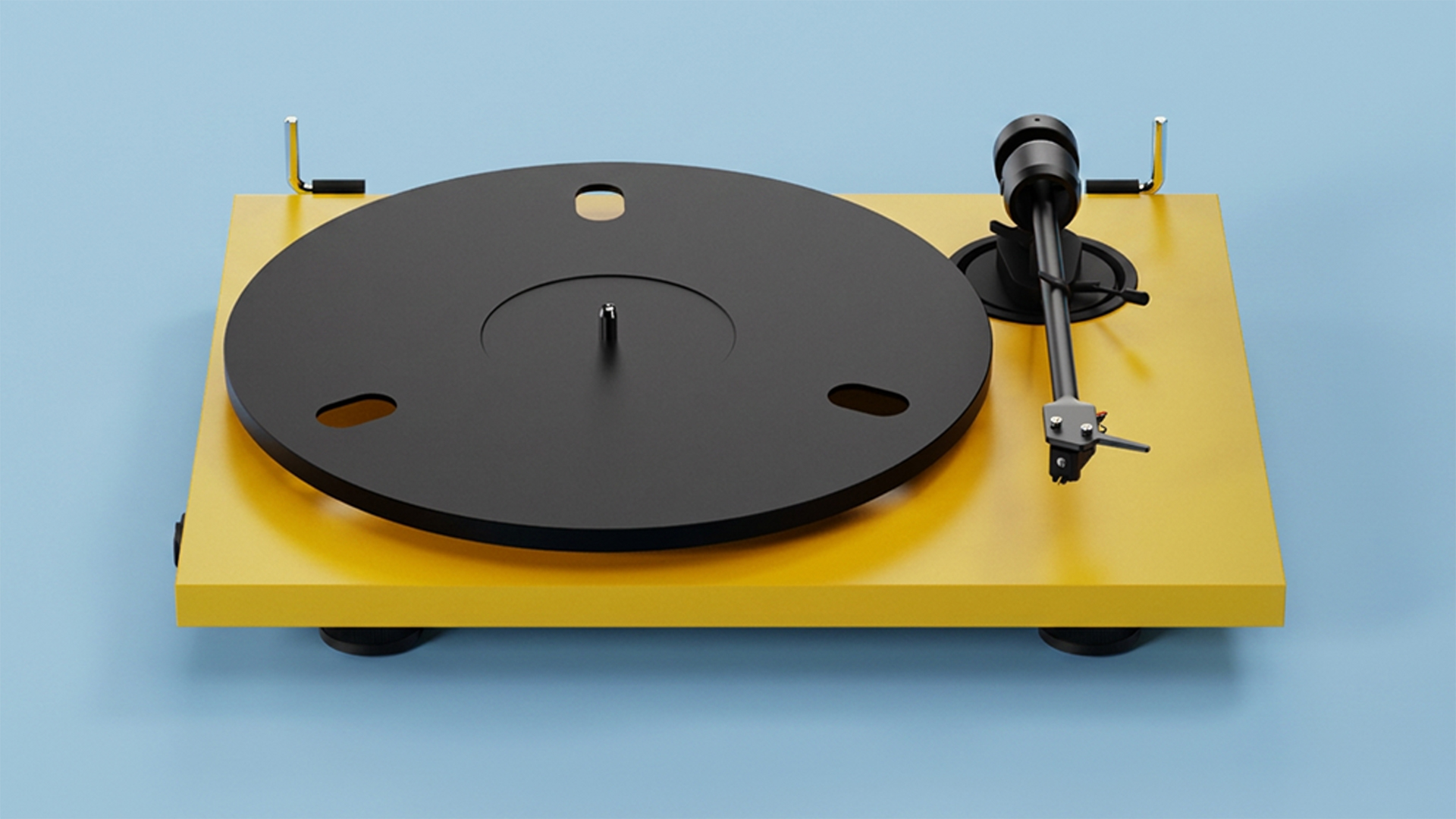 Pro-Ject E1.2 BT turntable in yellow on blue background