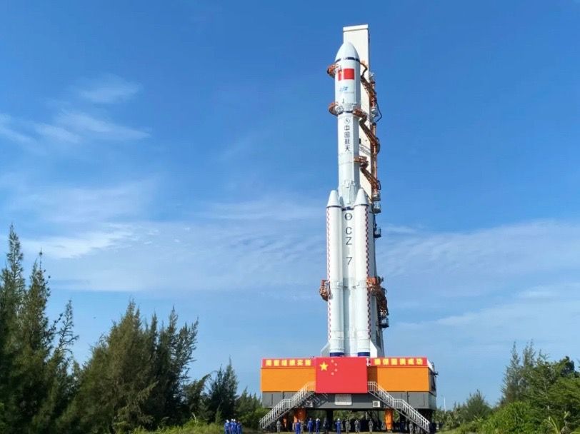 A Long March 7 rocket topped with China&#039;s Tianzhou 3 cargo spacecraft rolls out to its launch pad in this photo released by the China Manned Space Engineering Office on Sept. 15, 2021.