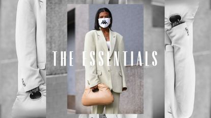 A woman wearing an oversized blazer. Text over image reads "The Essentials."
