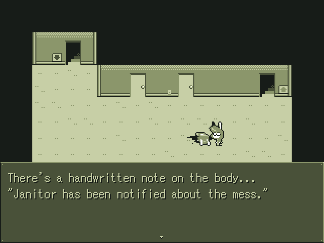 a character standing next to a corpse, reading a note attached to it