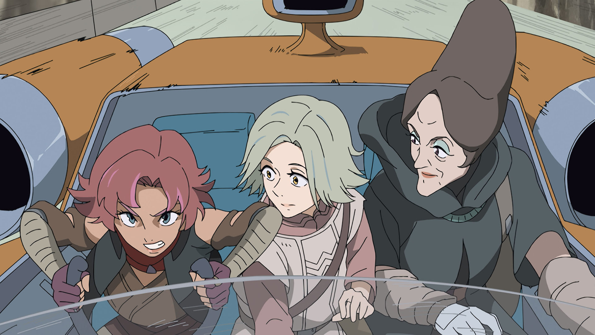 Still from the animated TV anthology series "Star Wars: Visions Volume 3". This episode is called 'The Smuggler' by Trigger. A girl, woman, and older lady are sitting in a speeder, zooming along.