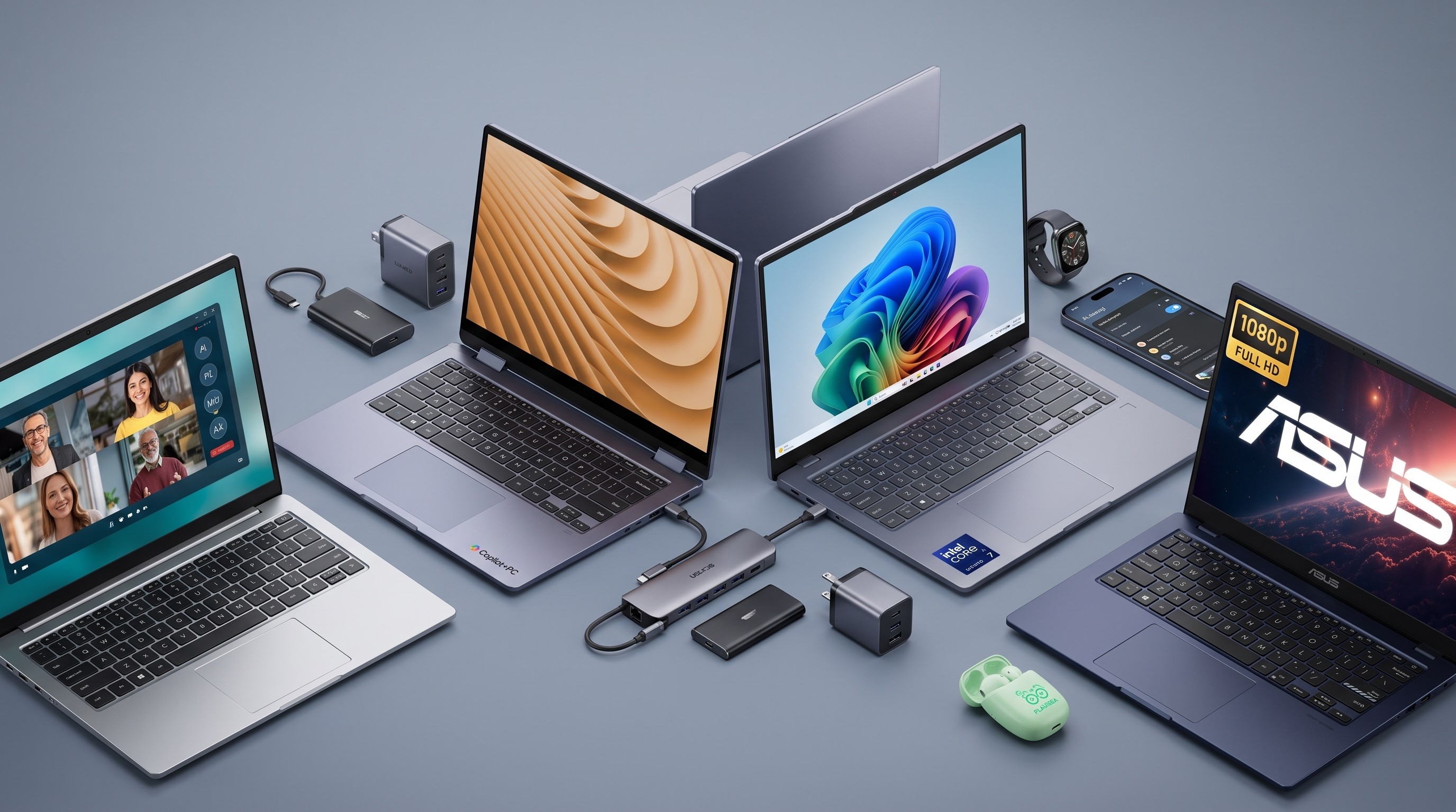 Four laptops with diverse screens are surrounded by gadgets, including a smartwatch, smartphone, and chargers, on a gray surface. The vibe is modern and tech-savvy.