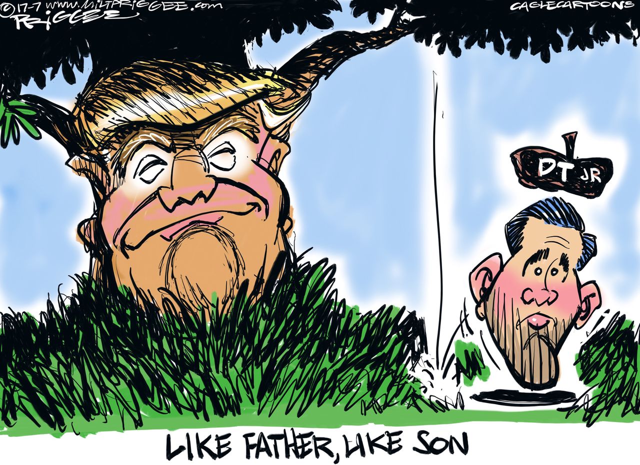 Political cartoon U.S Russian collusion Trump Jr. father son