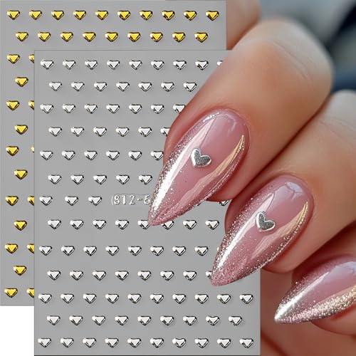 Relief Mini Heart Nail Stickers Metallic Gold Silver Valentines Day Hearts 5d Nail Art Stickers Valentine Love Sticker Nails Design for Women Girls Diy Acrylic Nails Decorations Manicure Accessories