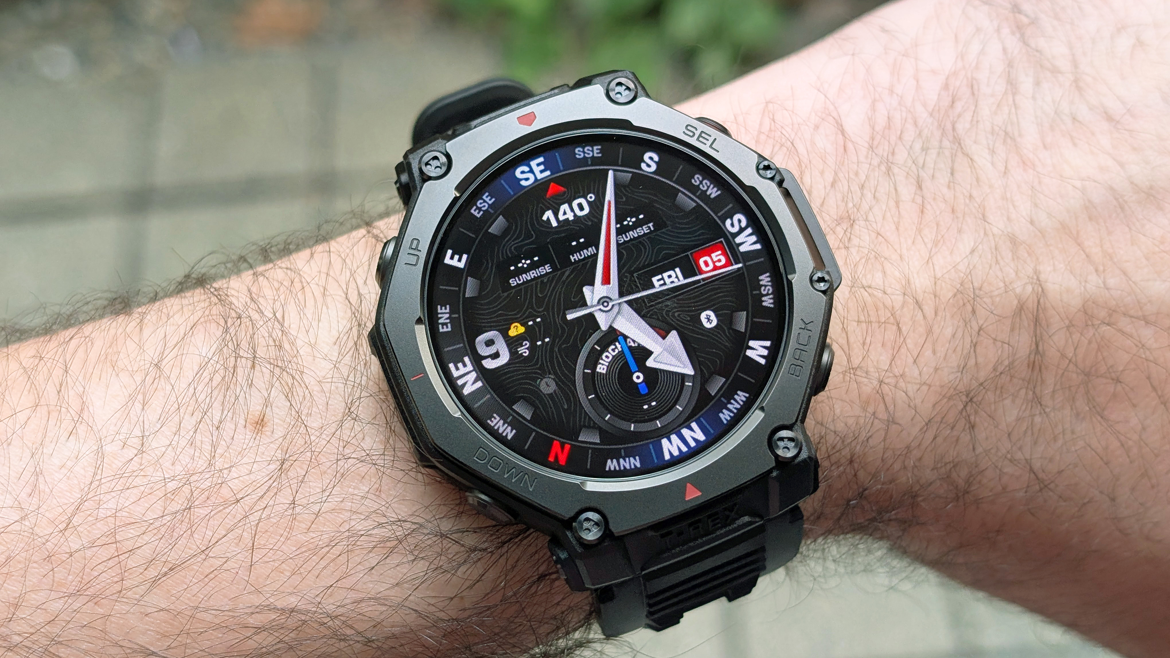 Close-up of the Amazfit T-Rex 3 Pro rugged smartwatch