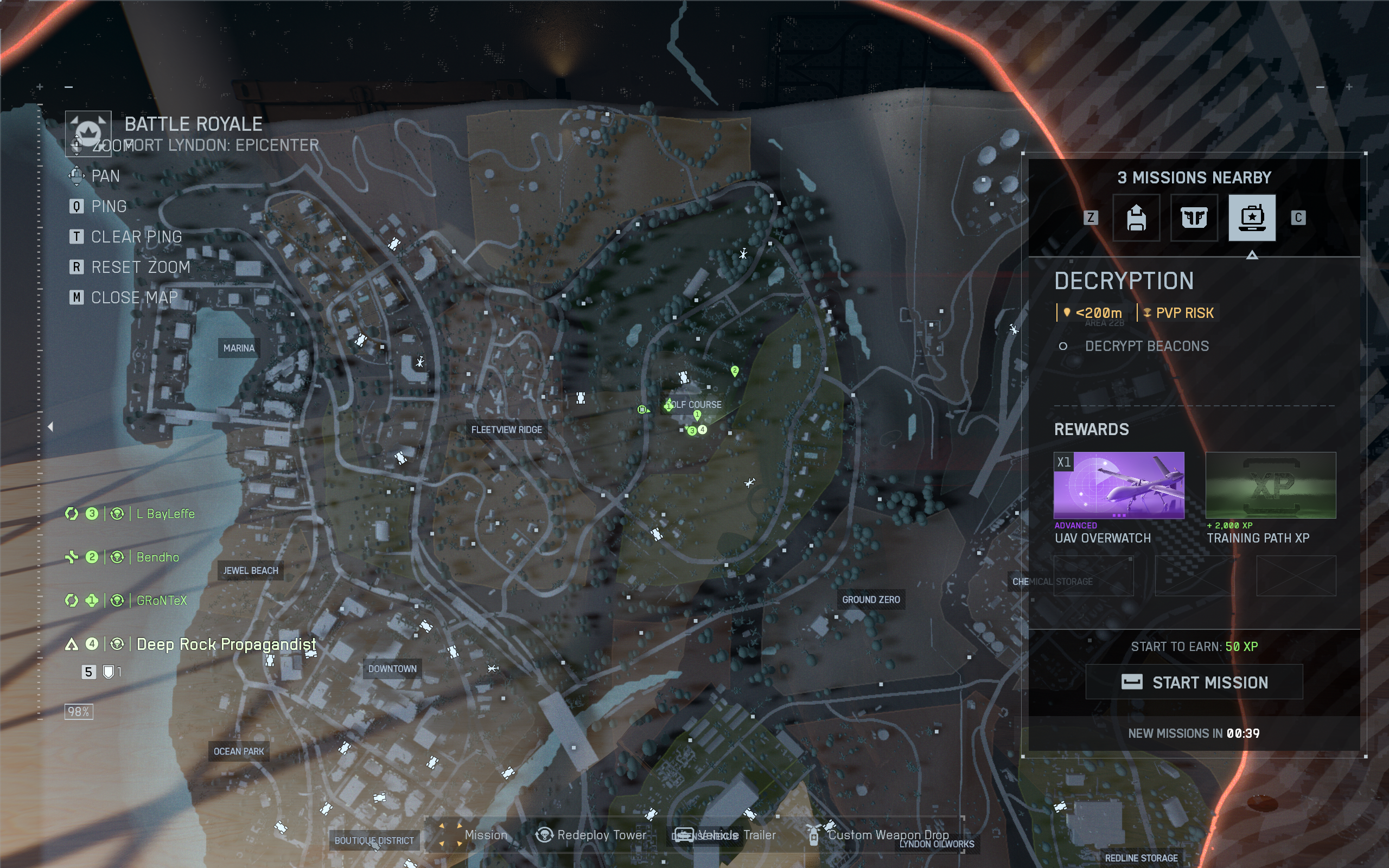 Battlefield Redsec custom loadout weapons: The battle royale map screen which shows the available missions and rewards on the right side.