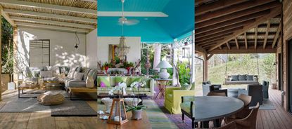 Three examples of porch ceiling ideas. Porch with bamboo cladded ceiling. Large porch with bright blue painted ceiling. Porch with dark wood slanted ceiling.