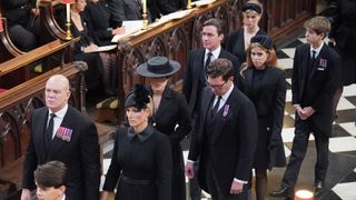 Mike Tindall and Zara Tindall, Princess Eugenie and Jack Brooksbank, Princess Beatrice and Edoardo Mapelli Mozzi, Lady Louise Windsor and James, Viscount Severn attend the State Funeral of Queen Elizabeth II
