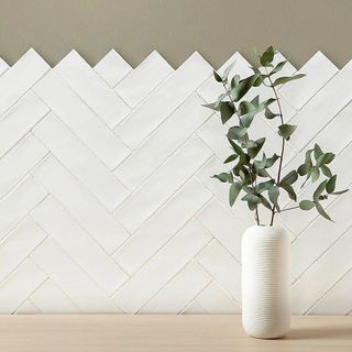 White subway tile backsplash with a case of foliage 