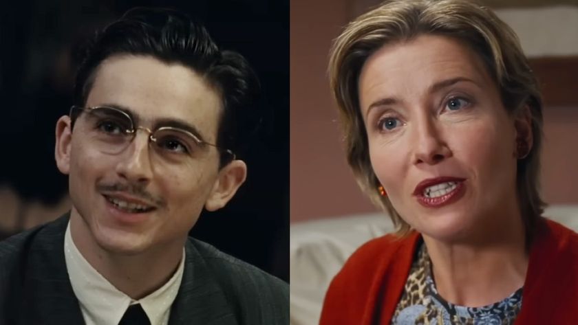 Timothee Chalamet smiling in a suit in Marty Supreme/Emma Thompson in Love Actually